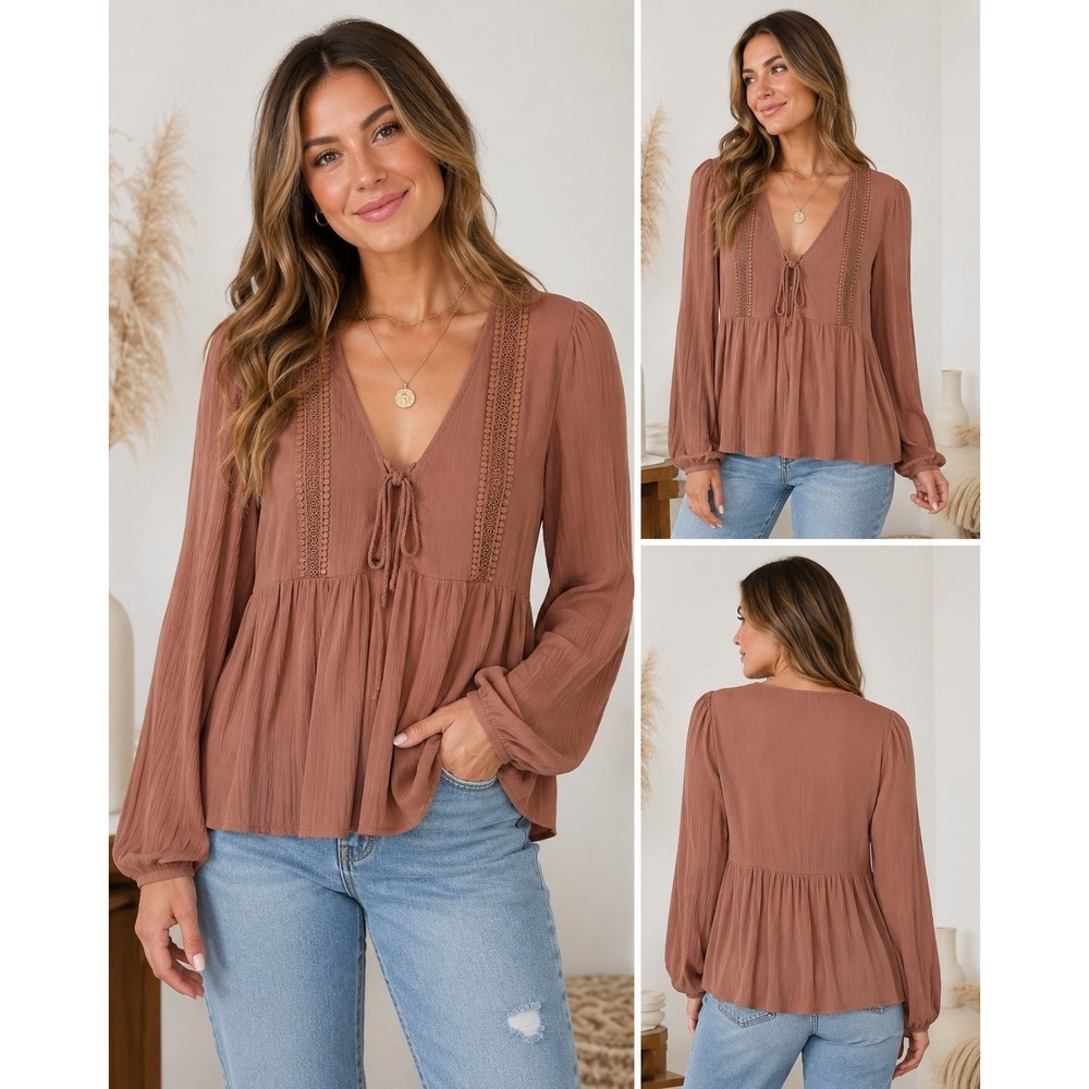 Belle du Jour Women's Medium Light Brown Boho Tie Front Peasant Blouse Rayon